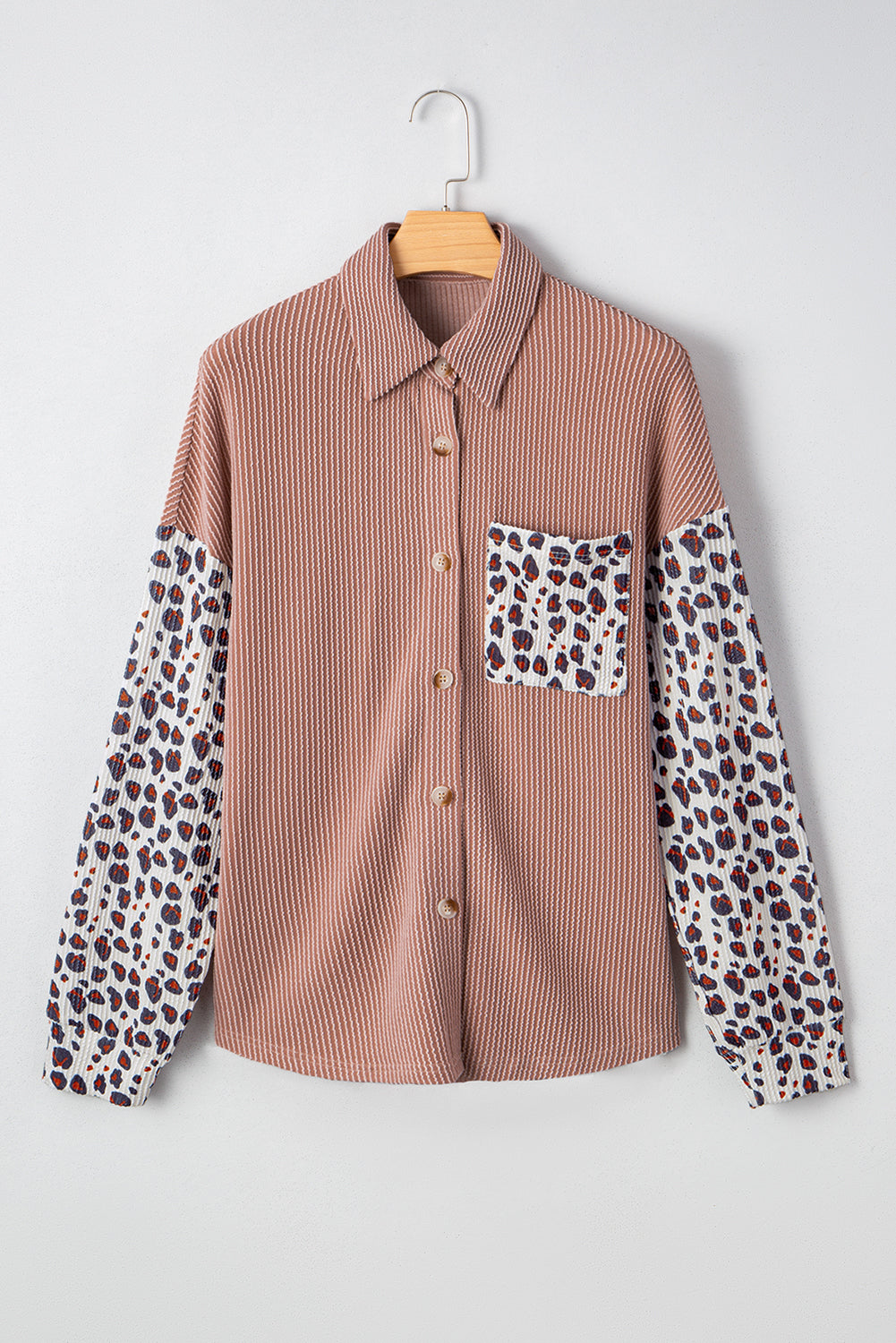 Dark Khaki Leopard Patchwork Twisted Ribbed Casual Shacket