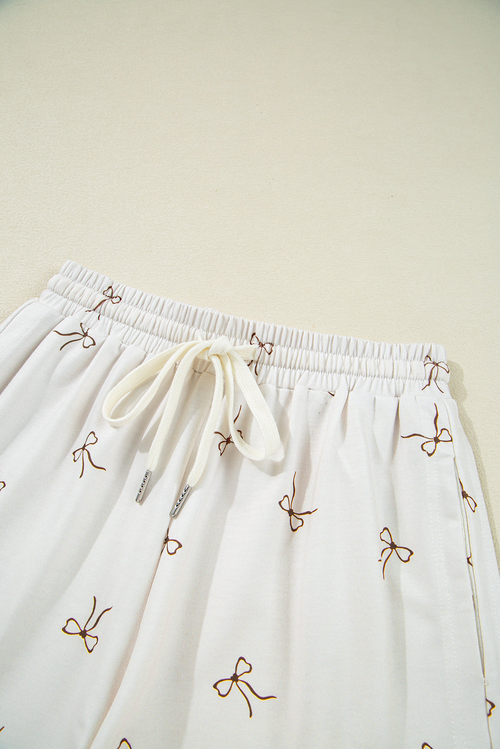 Beige Bow Print Half Zip Tank Top and Shorts Set