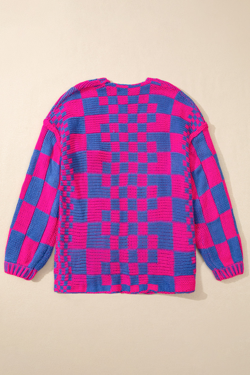 Taupe Colorblock Checked Open Front Knitted Cardigan
