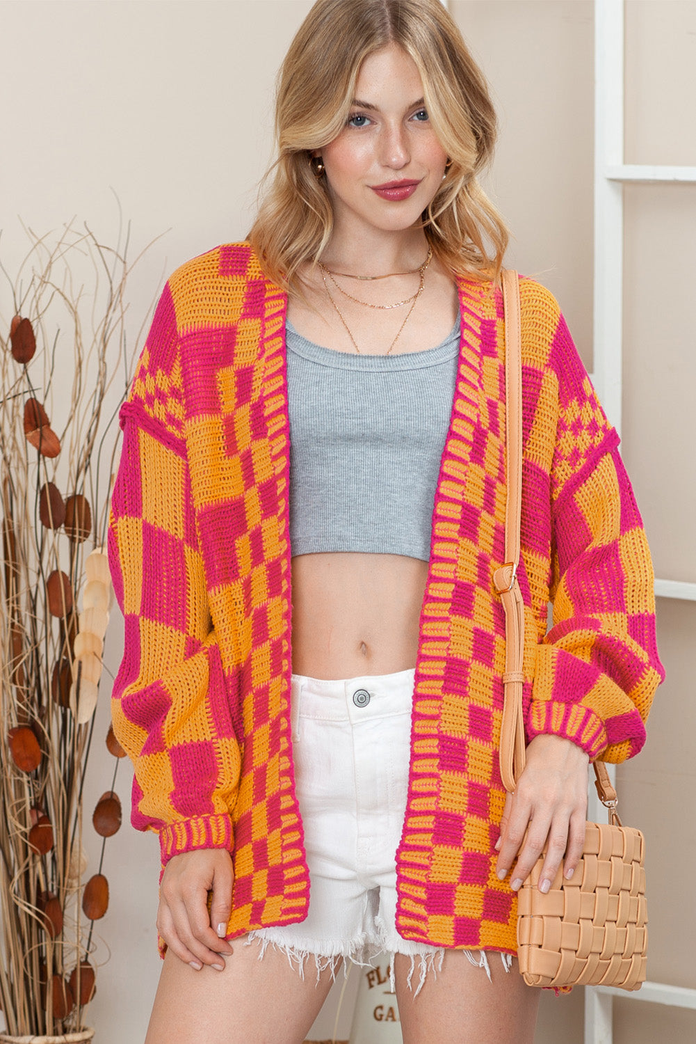 Taupe Colorblock Checked Open Front Knitted Cardigan