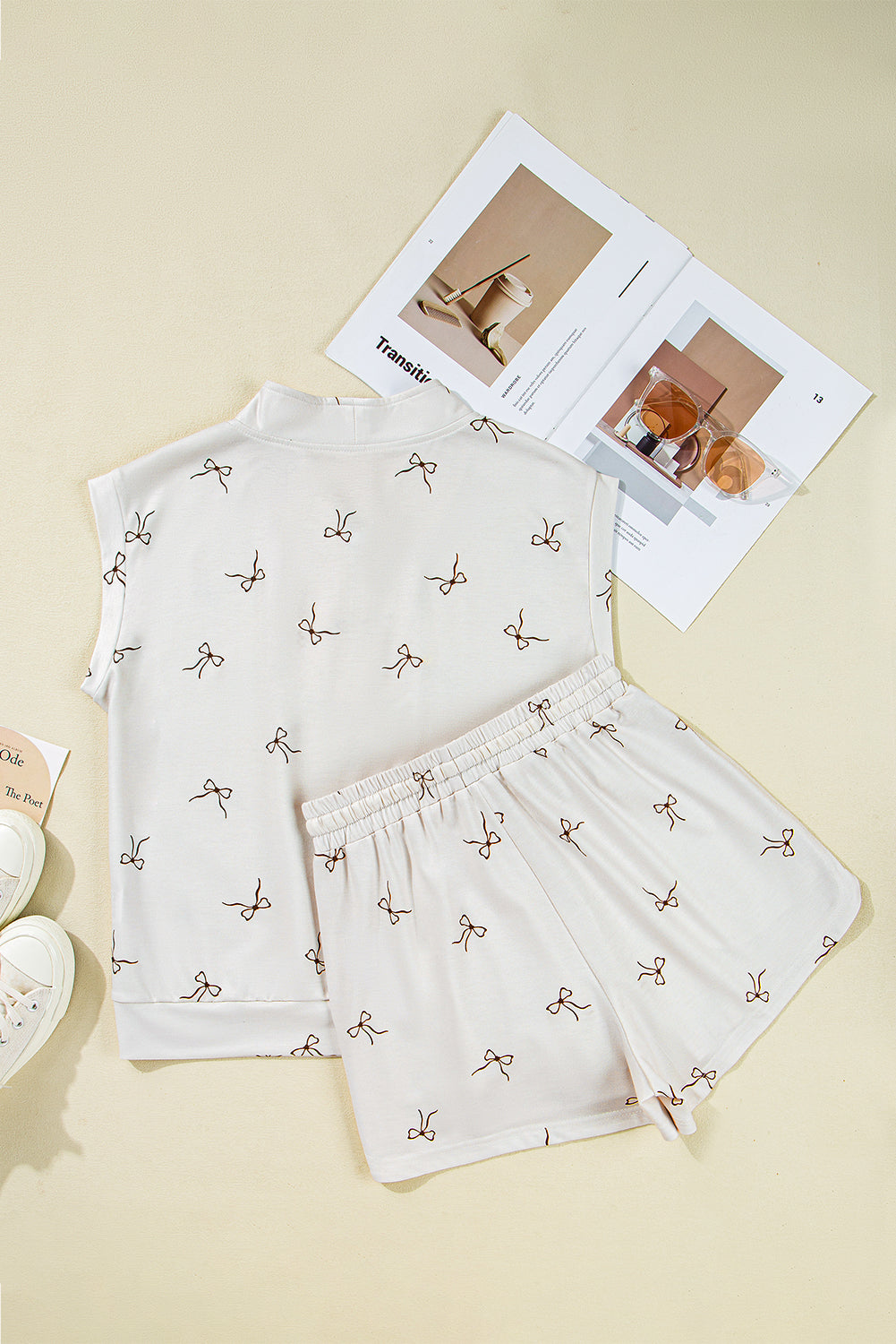 Beige Bow Print Half Zip Tank Top and Shorts Set
