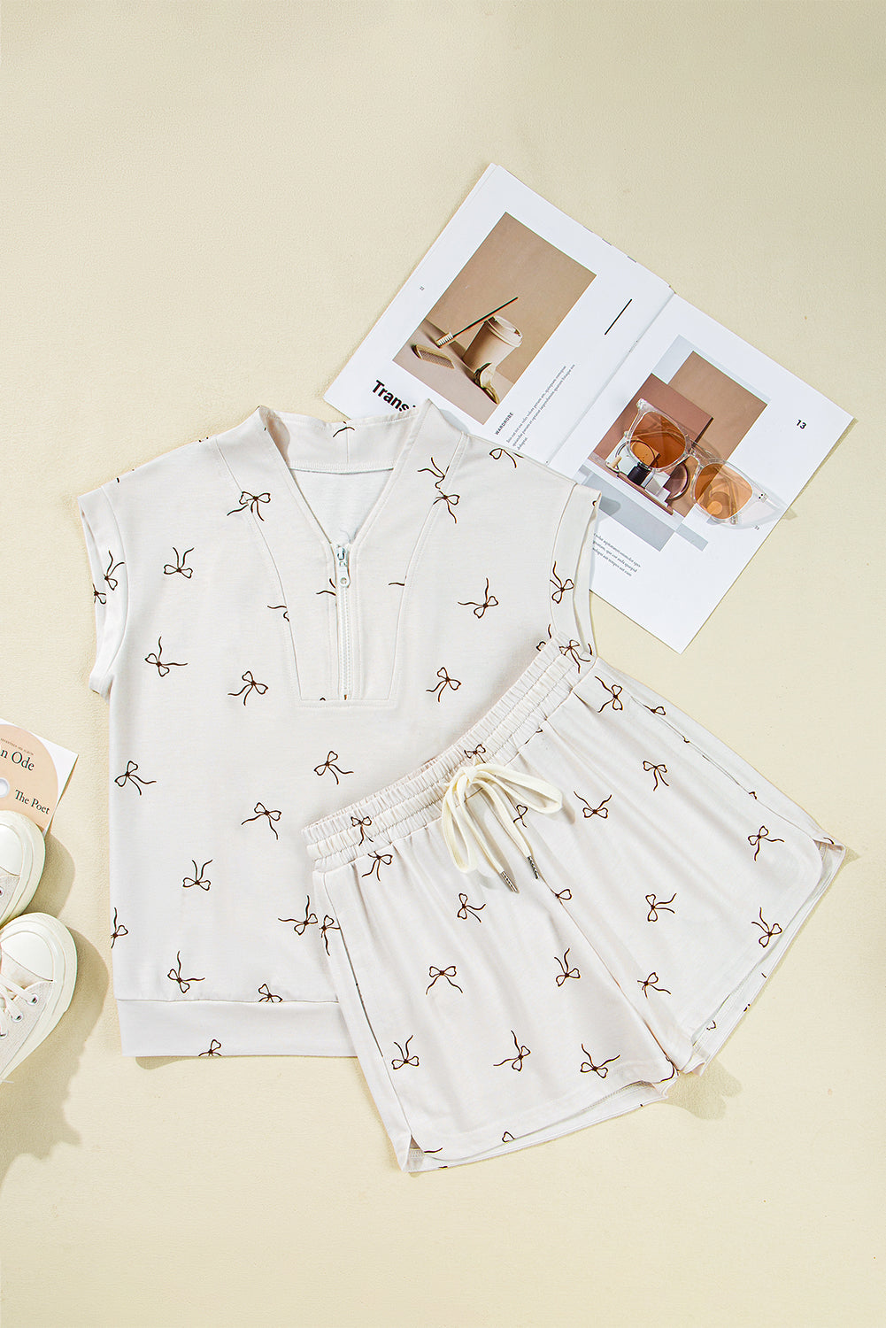 Beige Bow Print Half Zip Tank Top and Shorts Set
