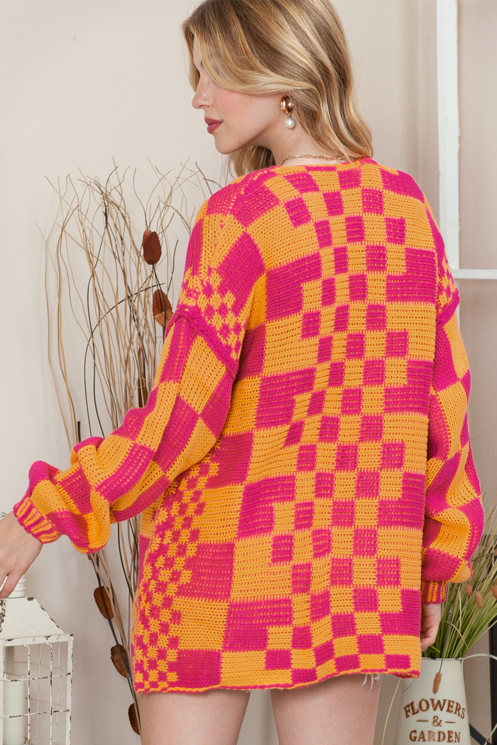 Taupe Colorblock Checked Open Front Knitted Cardigan