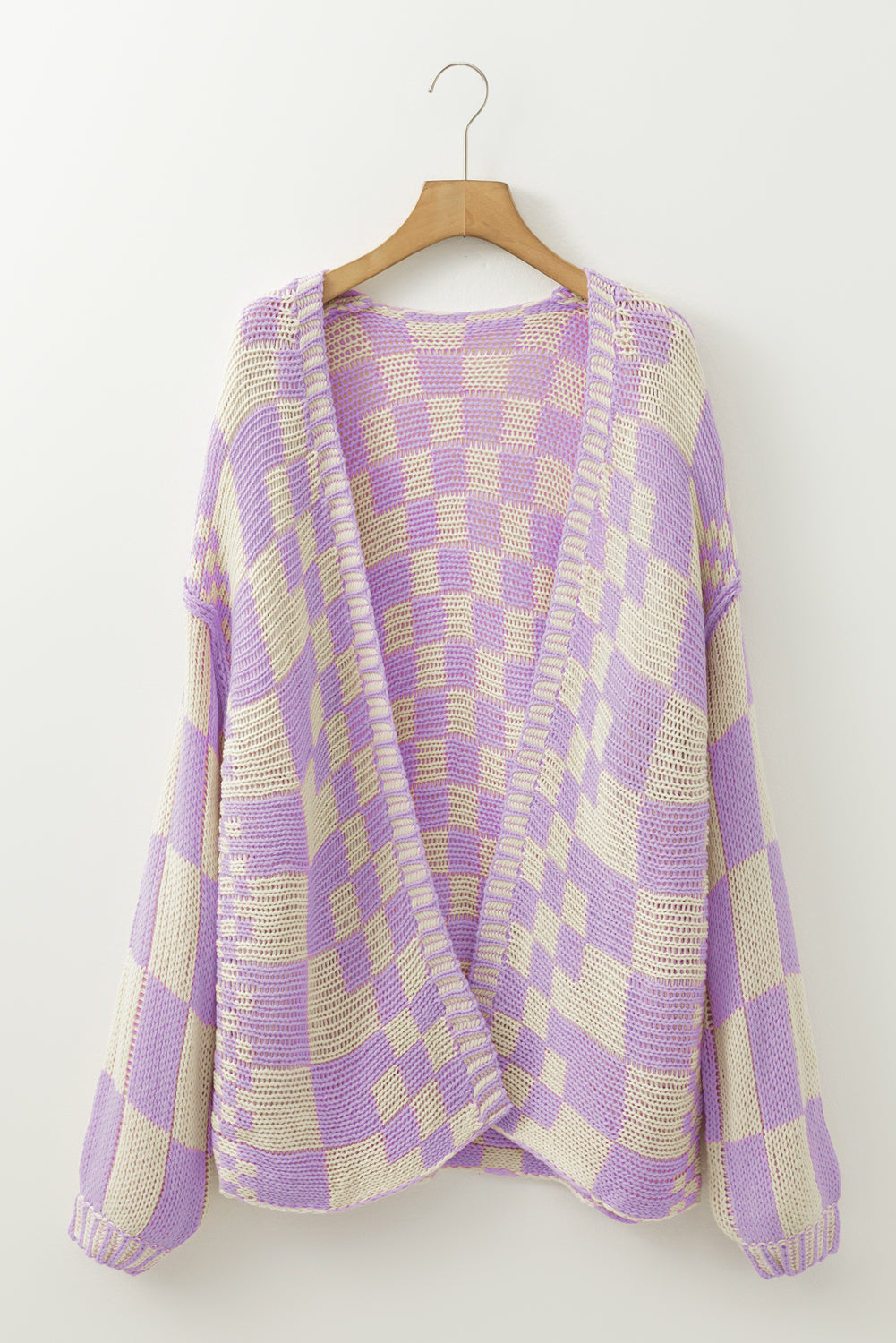 Taupe Colorblock Checked Open Front Knitted Cardigan