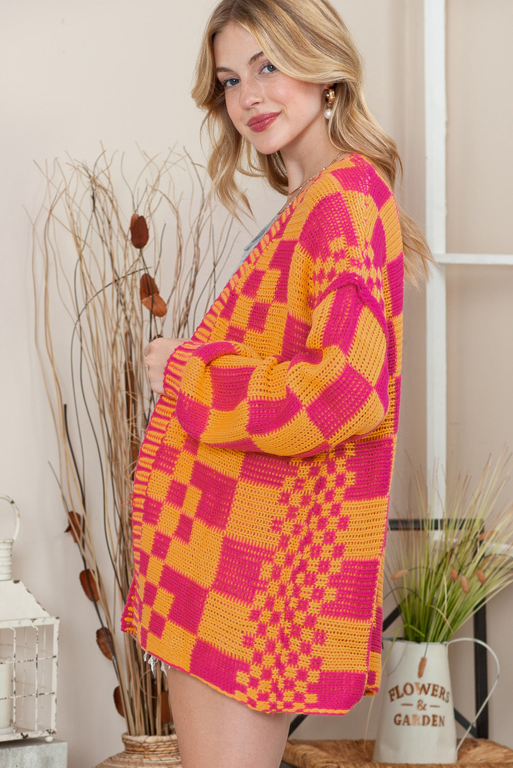 Taupe Colorblock Checked Open Front Knitted Cardigan