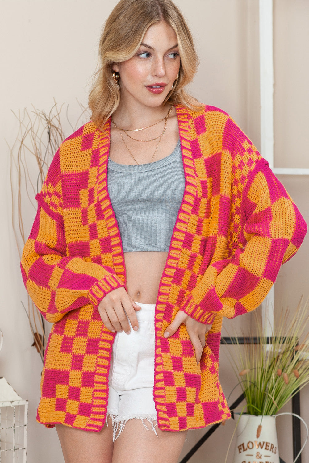 Taupe Colorblock Checked Open Front Knitted Cardigan