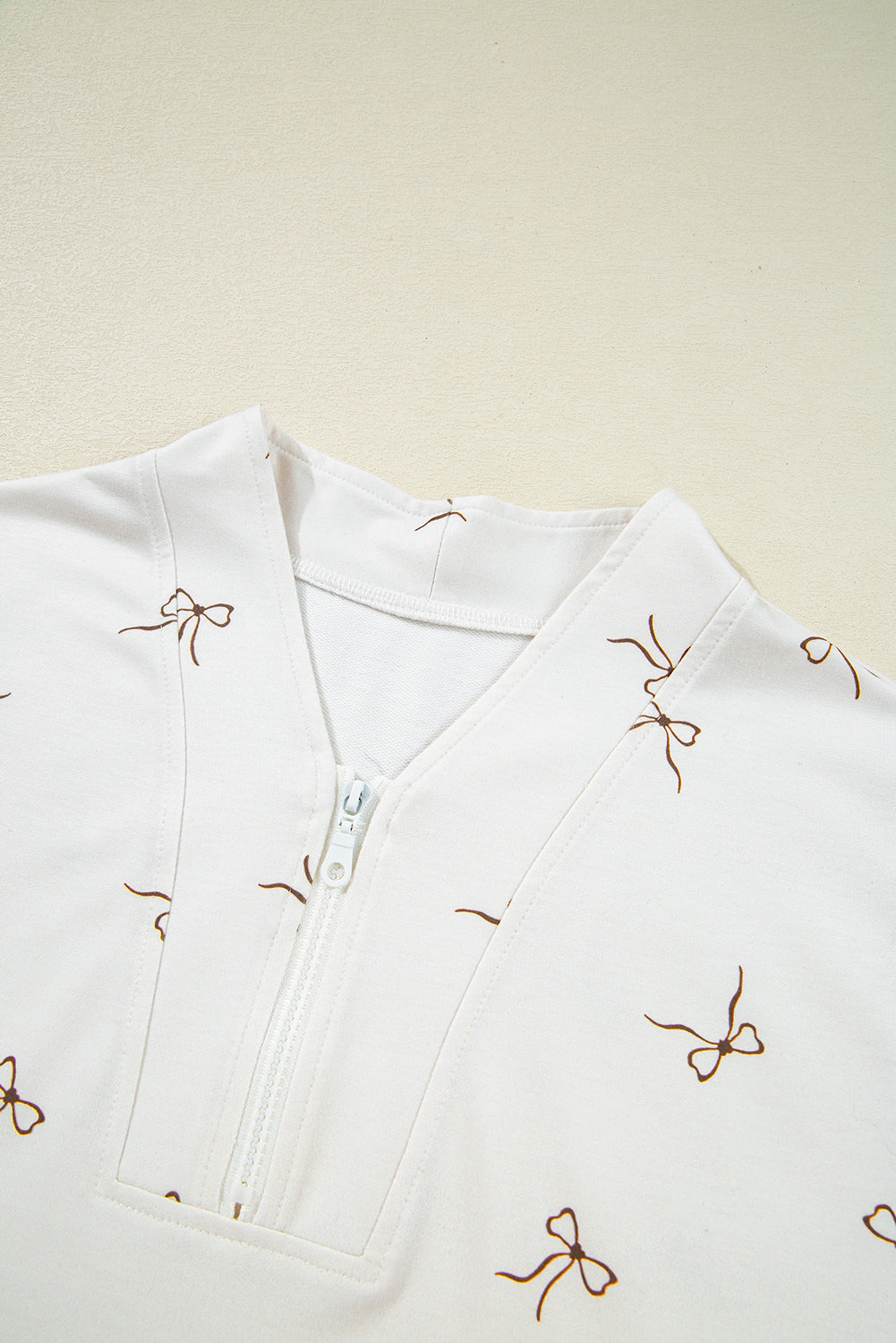 Beige Bow Print Half Zip Tank Top and Shorts Set