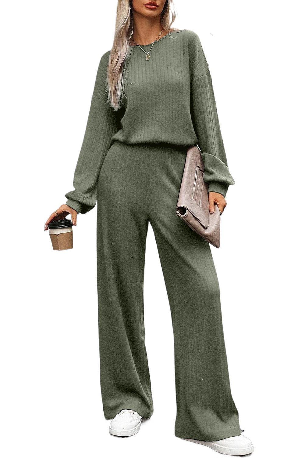 Laurel Green Solid Ribbed Knit Keyhole Back High Waist Jumpsuit